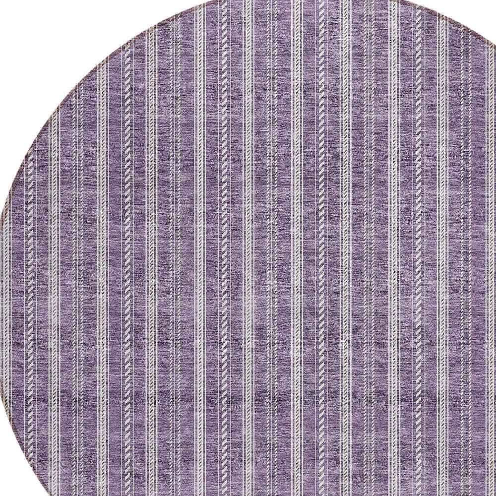 8' Purple And Ivory Round Striped Washable Indoor Outdoor Area Rug