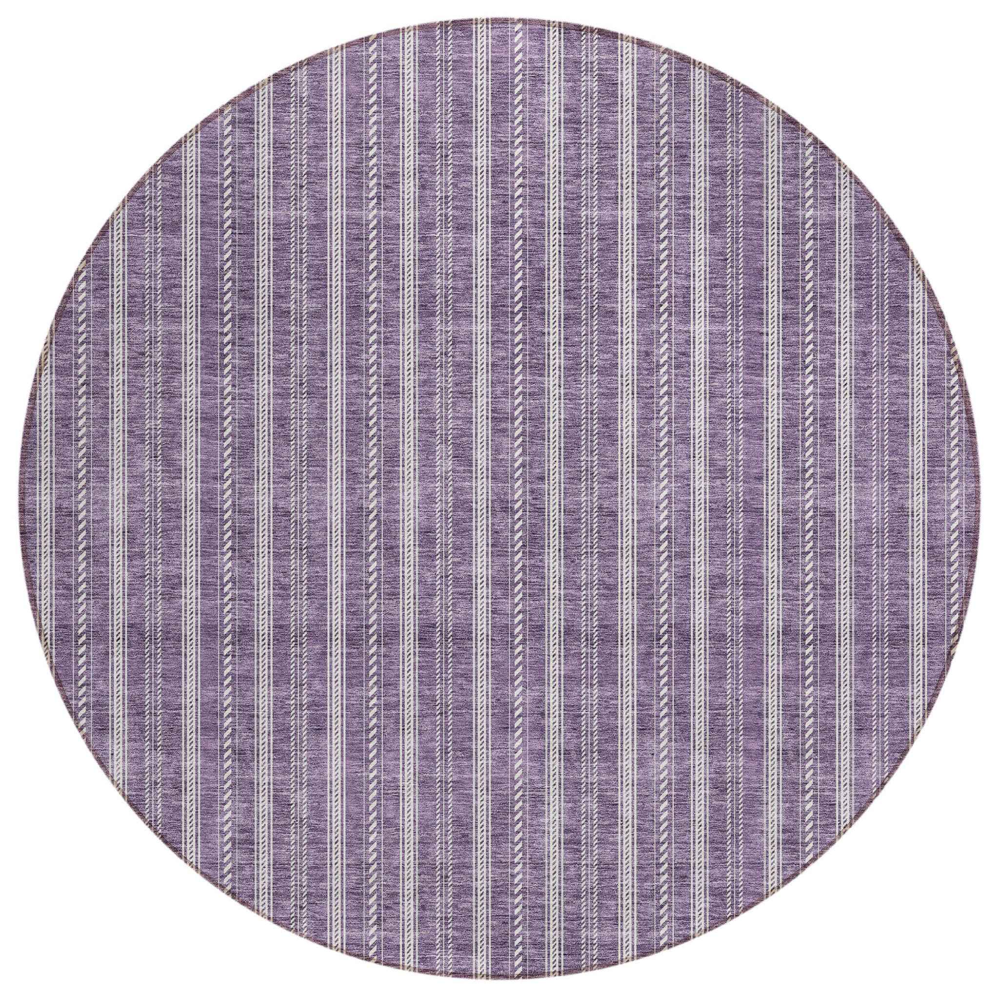 8' Purple And Ivory Round Striped Washable Indoor Outdoor Area Rug