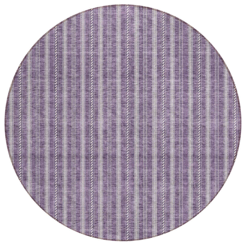 8' Purple And Ivory Round Striped Washable Indoor Outdoor Area Rug