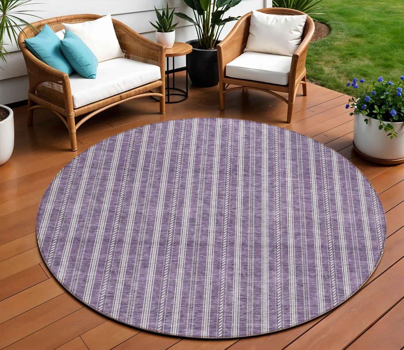 8' Purple And Ivory Round Striped Washable Indoor Outdoor Area Rug