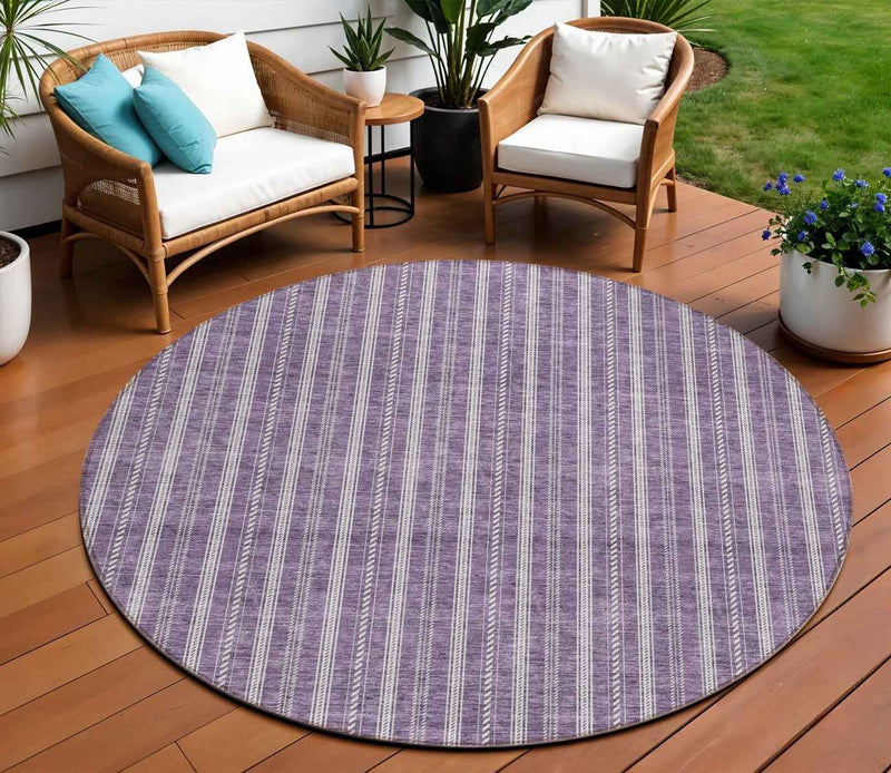 8' Purple And Ivory Round Striped Washable Indoor Outdoor Area Rug