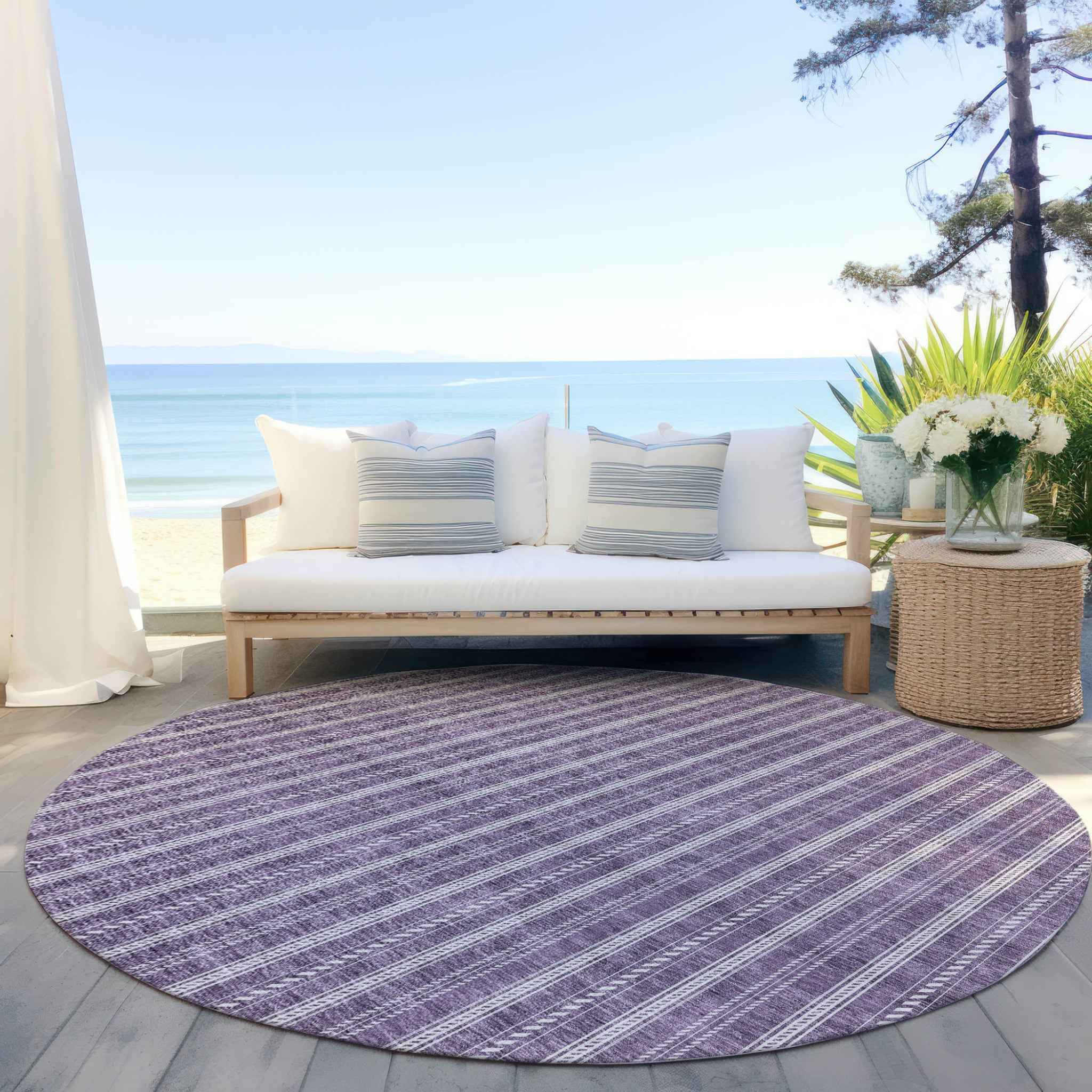 8' Purple And Ivory Round Striped Washable Indoor Outdoor Area Rug