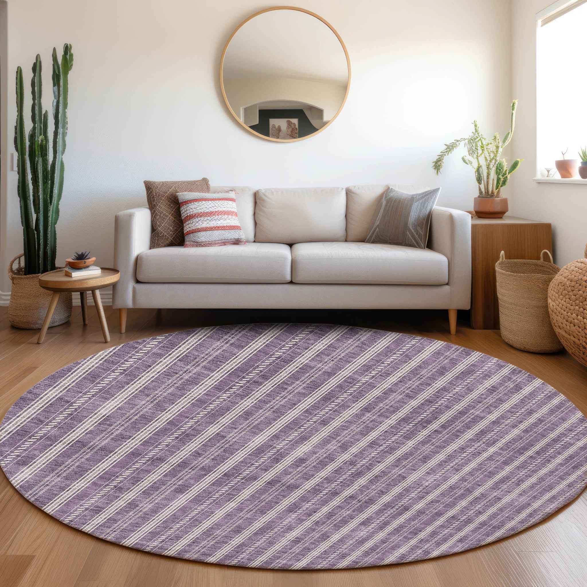8' Purple And Ivory Round Striped Washable Indoor Outdoor Area Rug