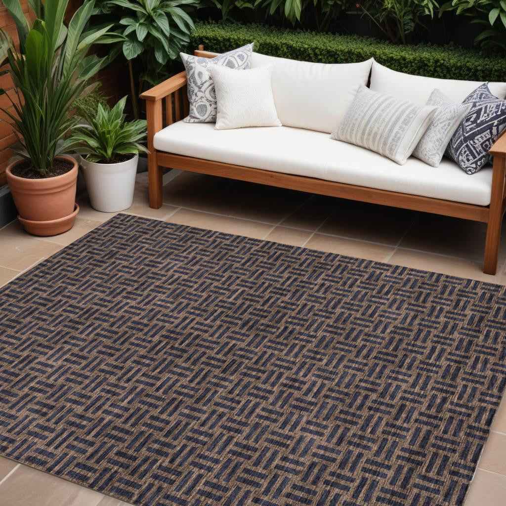 10' X 14' Chocolate And Black Geometric Washable Indoor Outdoor Area Rug