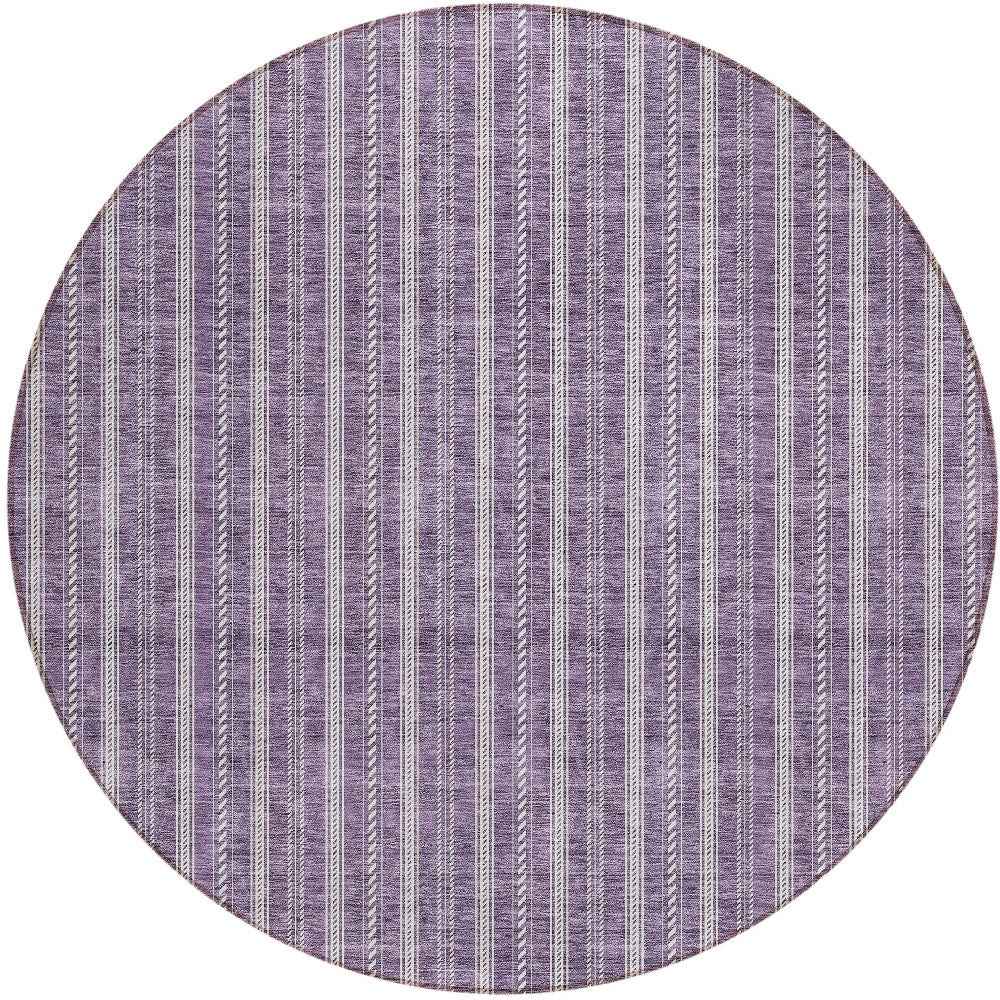 8' Purple And Ivory Round Striped Washable Indoor Outdoor Area Rug