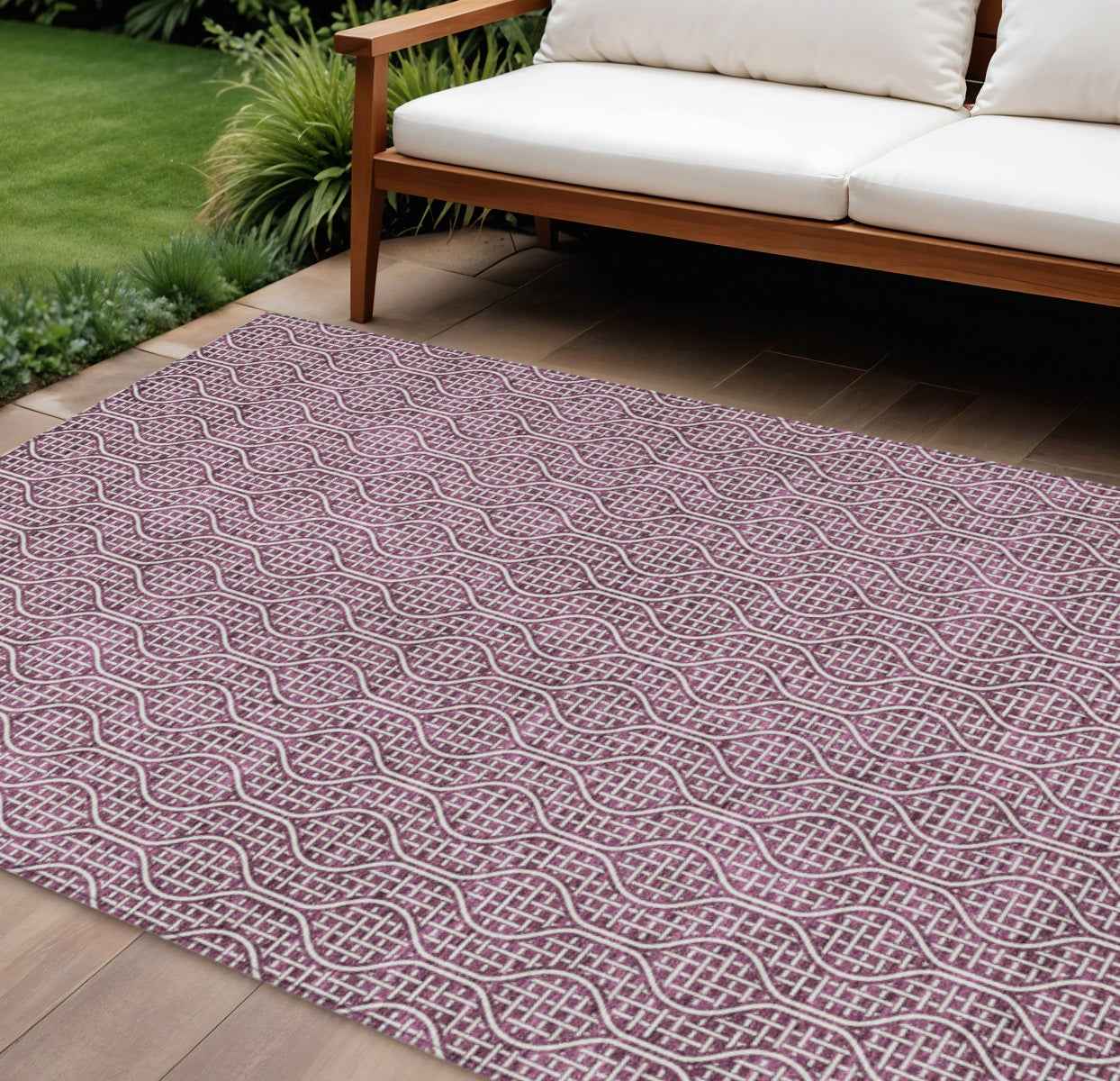 10' X 14' Eggplant And Ivory Geometric Washable Indoor Outdoor Area Rug