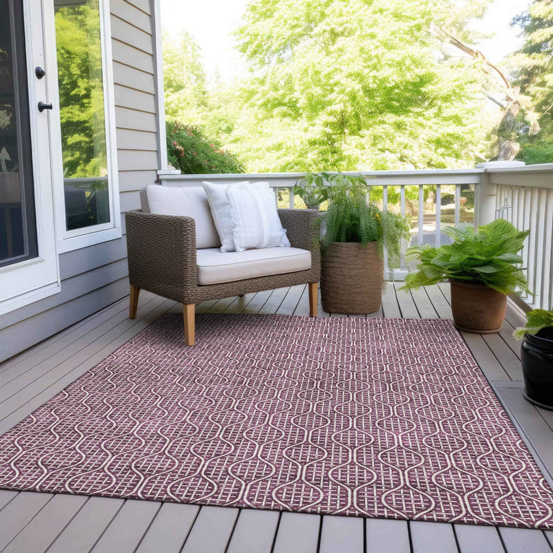 10' X 14' Eggplant And Ivory Geometric Washable Indoor Outdoor Area Rug
