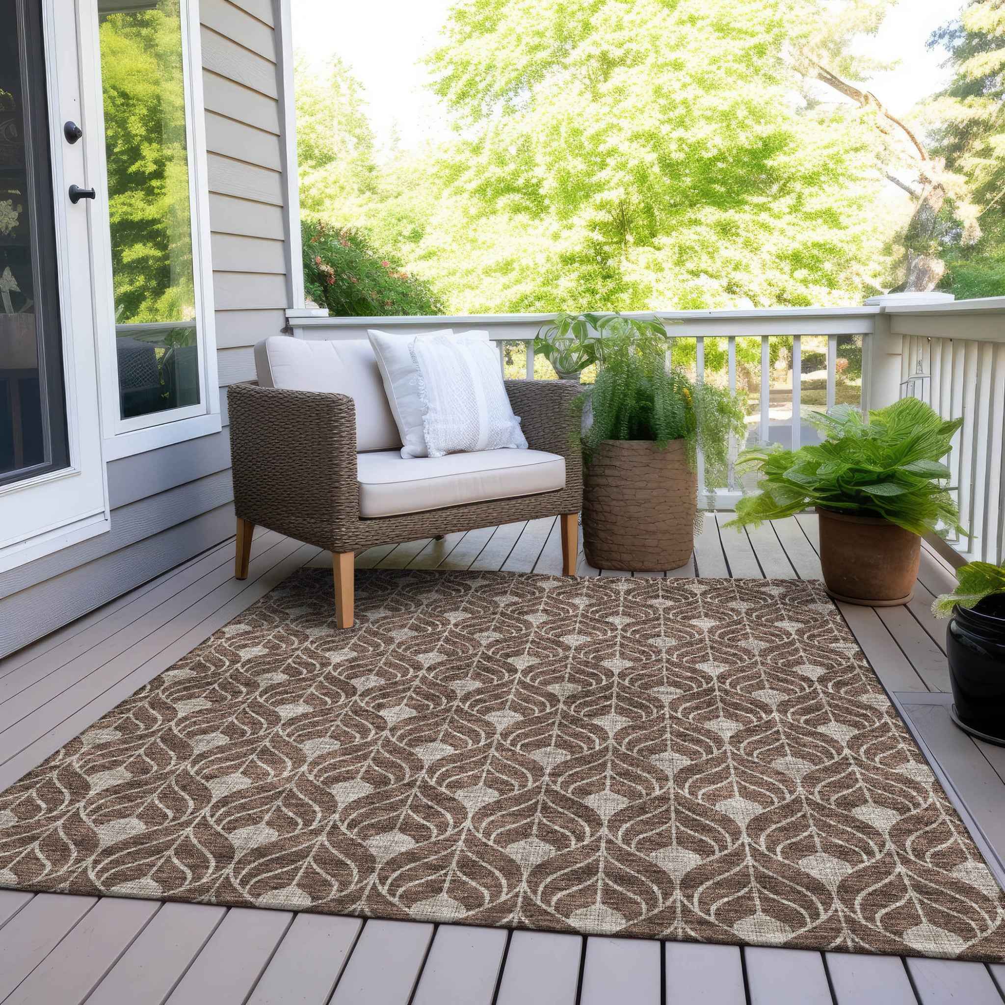 10' X 14' Chocolate And Beige Geometric Washable Indoor Outdoor Area Rug