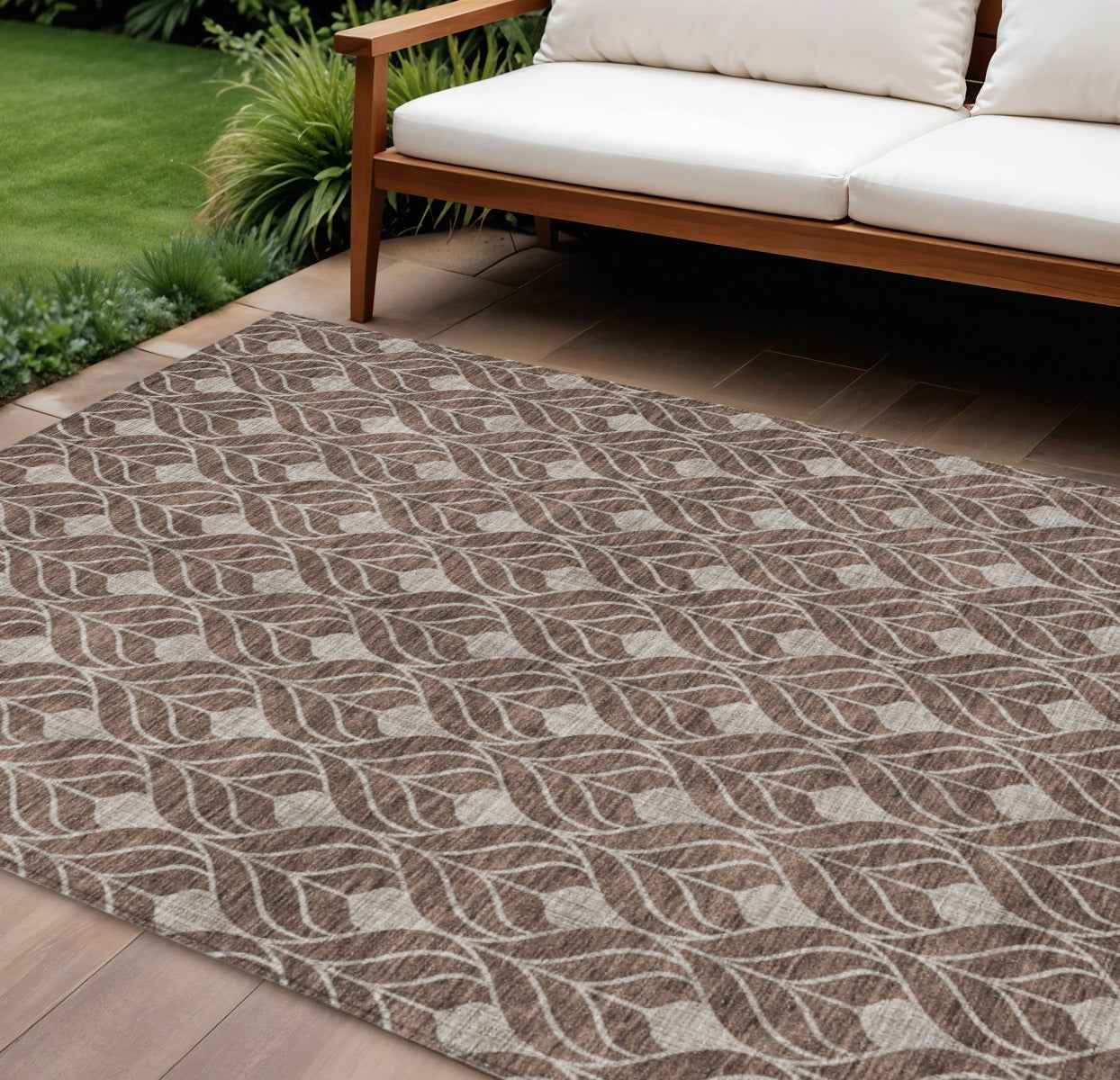 10' X 14' Chocolate And Beige Geometric Washable Indoor Outdoor Area Rug