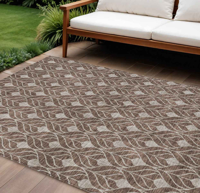10' X 14' Chocolate And Beige Geometric Washable Indoor Outdoor Area Rug