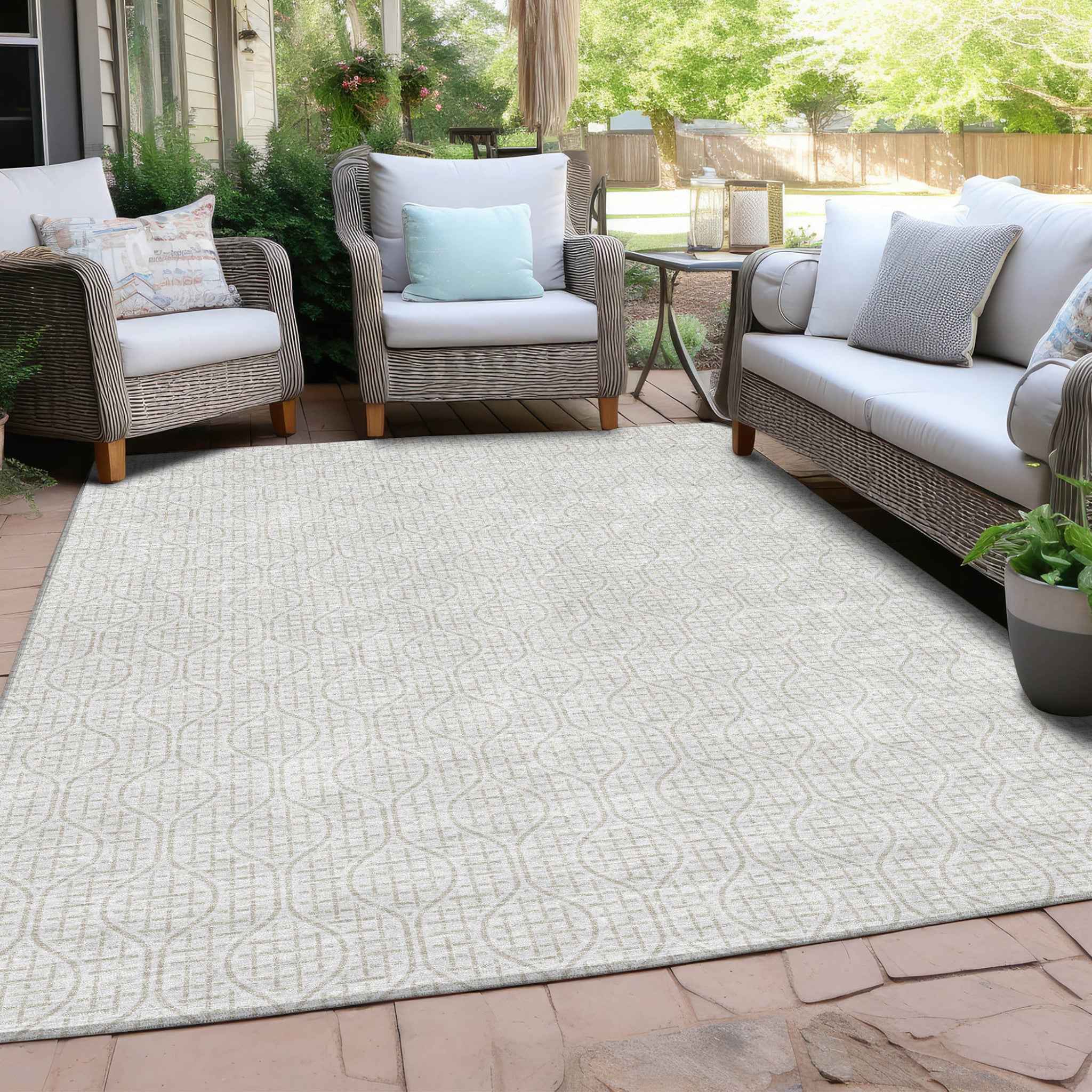5' X 8' Ivory And Beige Geometric Washable Indoor Outdoor Area Rug