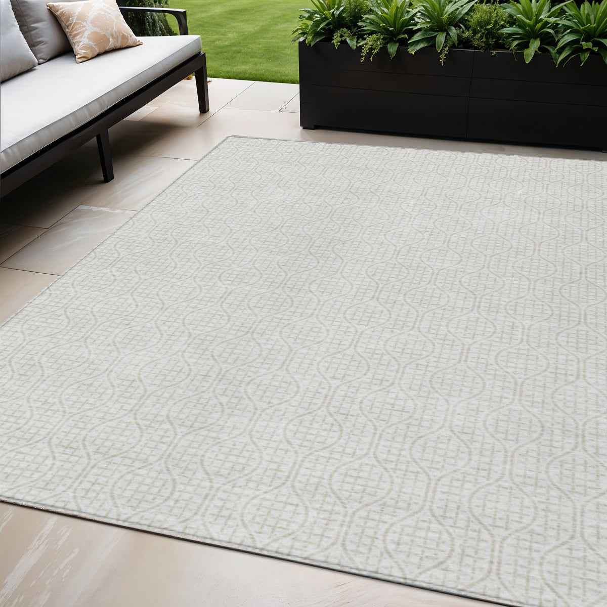5' X 8' Ivory And Beige Geometric Washable Indoor Outdoor Area Rug