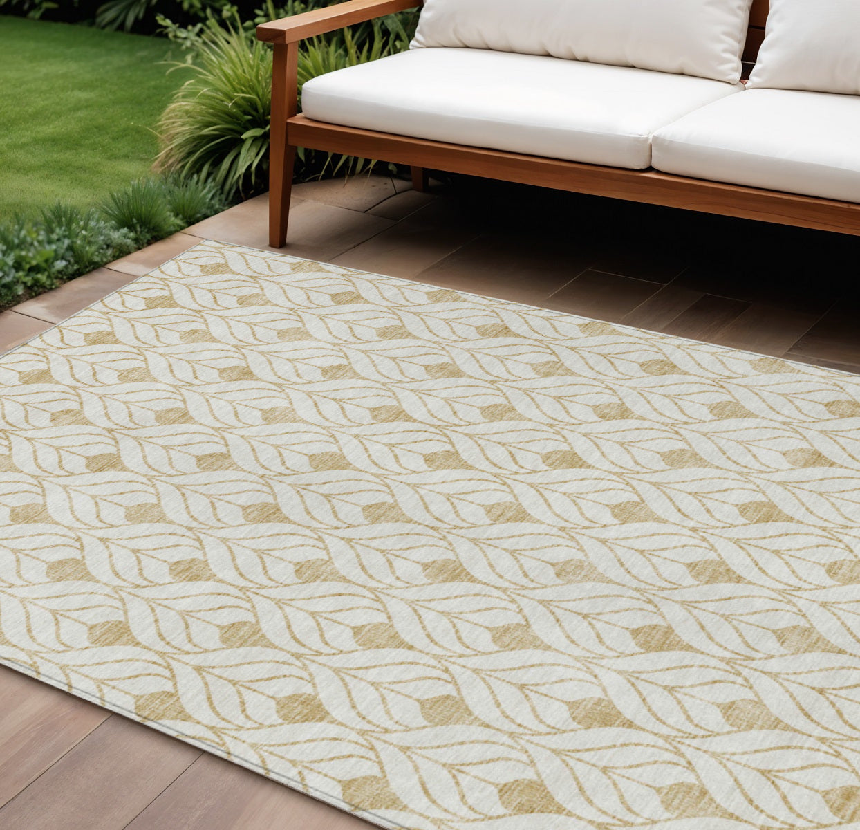 9' X 12' Gold And Beige Geometric Washable Indoor Outdoor Area Rug - Outdoor