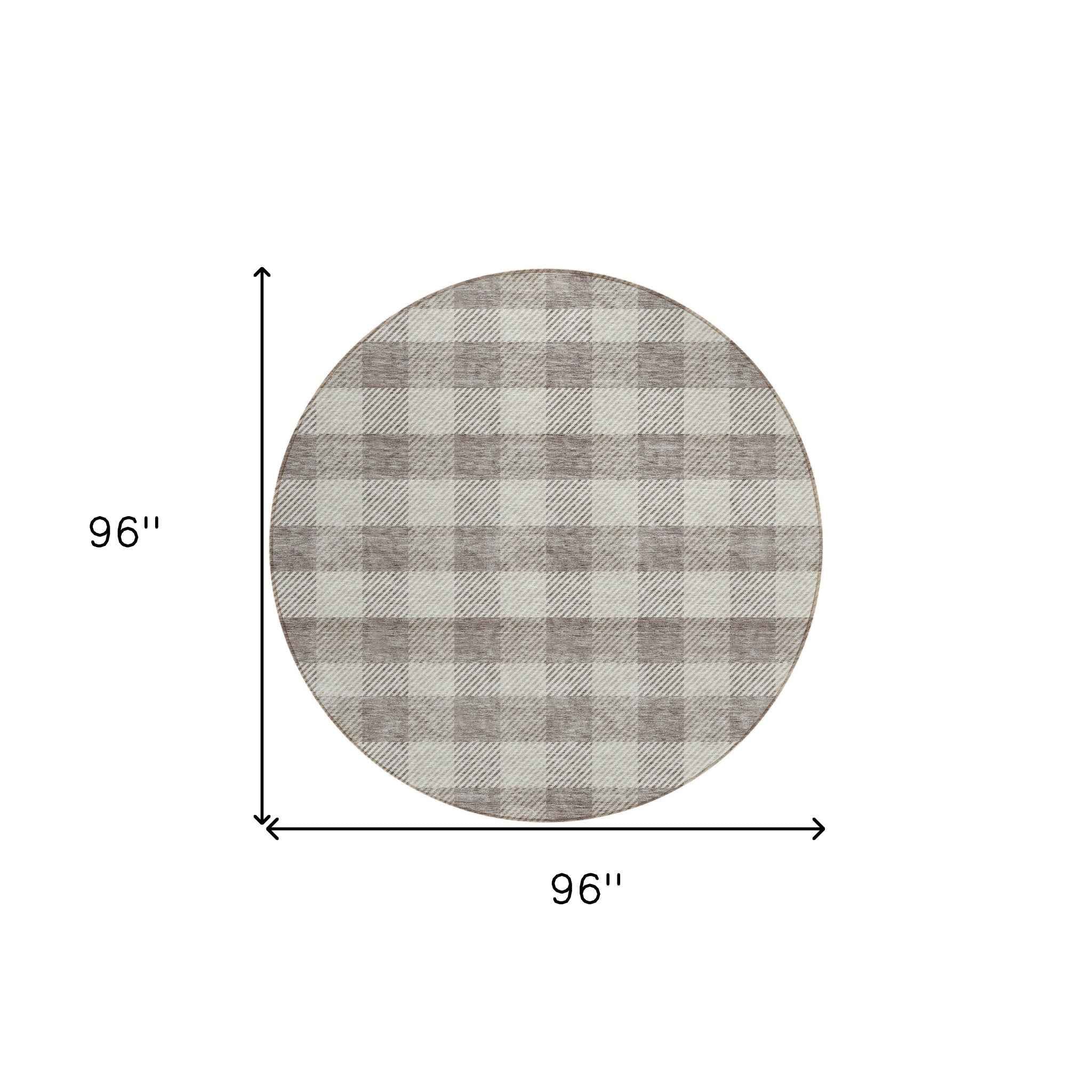 8' Taupe And Gray Round Plaid Washable Indoor Outdoor Area Rug