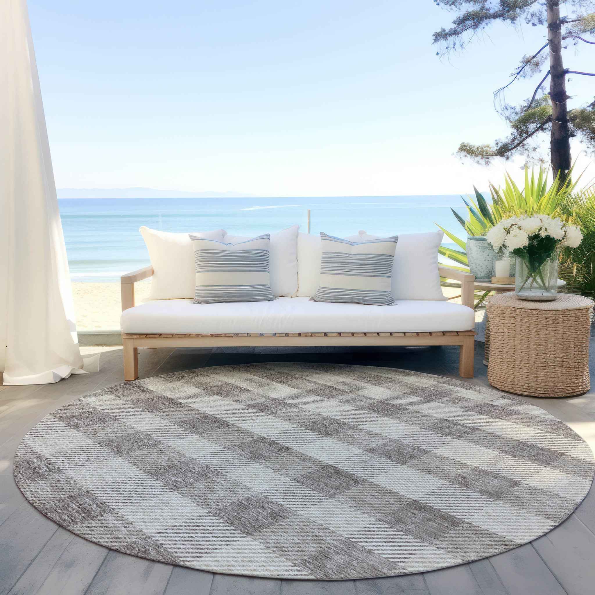8' Taupe And Gray Round Plaid Washable Indoor Outdoor Area Rug