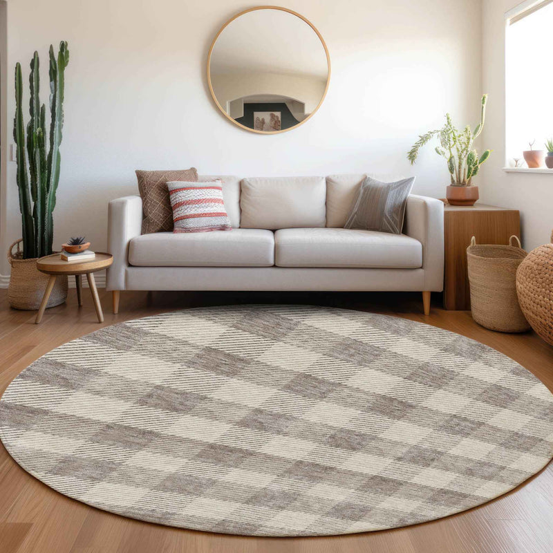 8' Taupe And Gray Round Plaid Washable Indoor Outdoor Area Rug