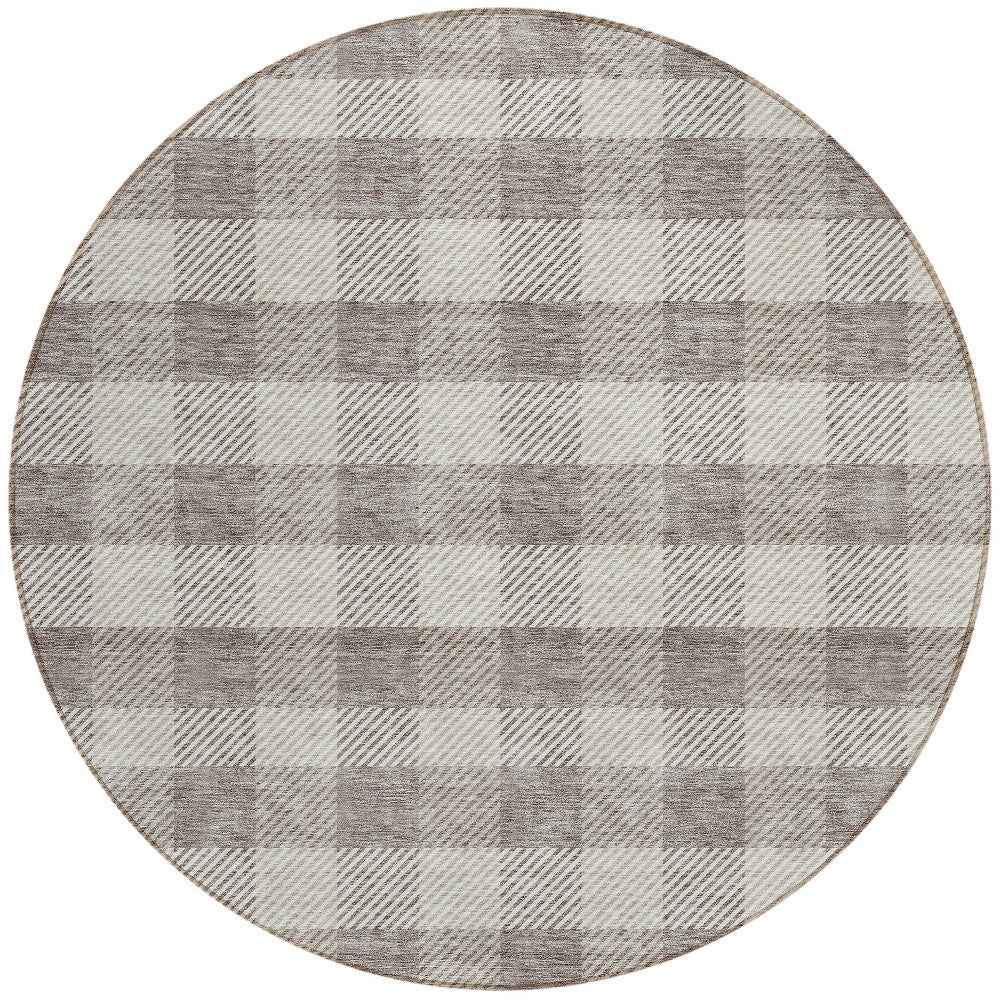 8' Taupe And Gray Round Plaid Washable Indoor Outdoor Area Rug
