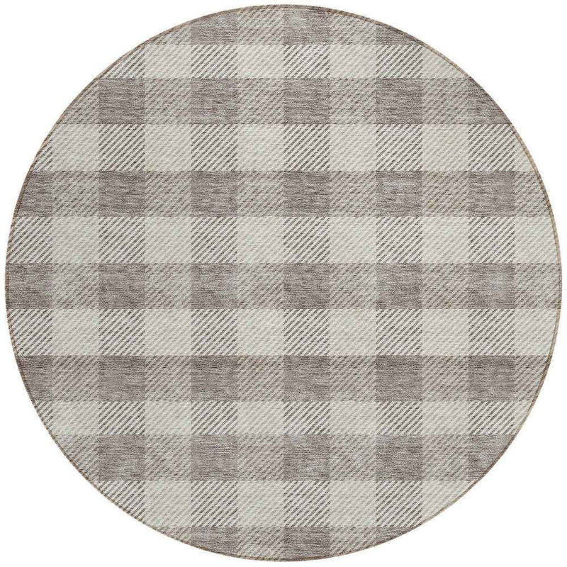 8' Taupe And Gray Round Plaid Washable Indoor Outdoor Area Rug