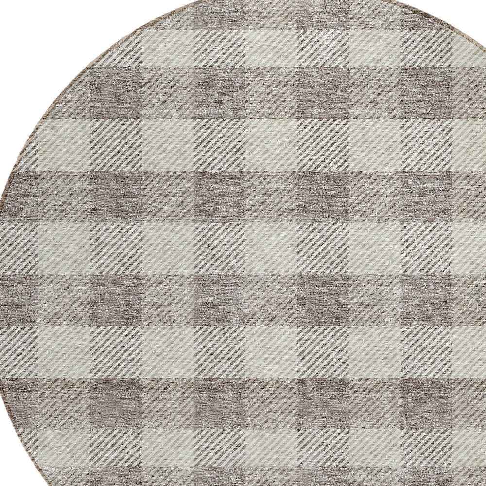 8' Taupe And Gray Round Plaid Washable Indoor Outdoor Area Rug