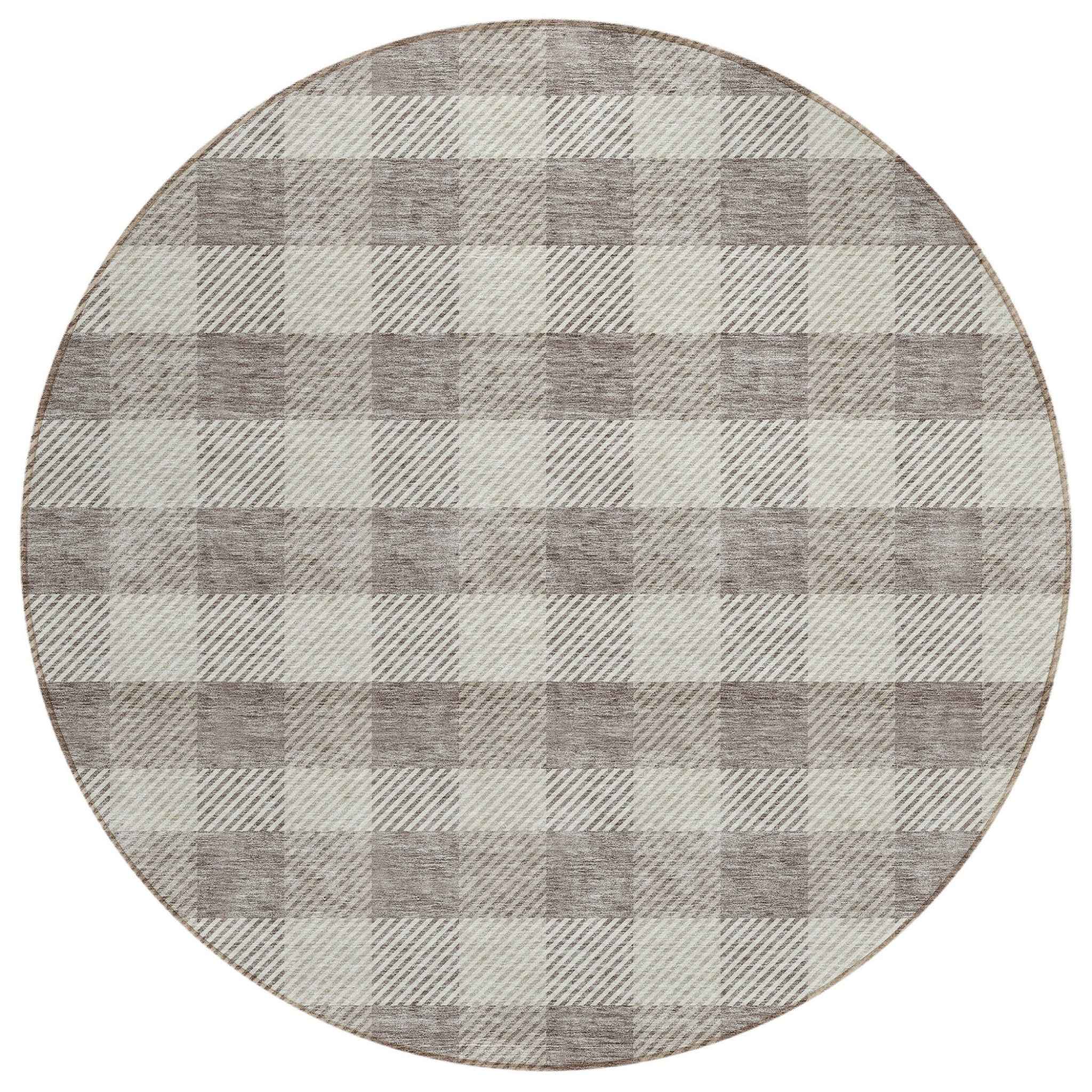 8' Taupe And Gray Round Plaid Washable Indoor Outdoor Area Rug