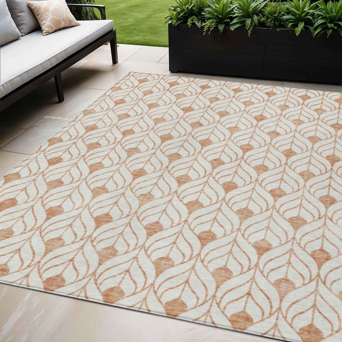 5' X 8' Salmon And Beige Geometric Washable Indoor Outdoor Area Rug
