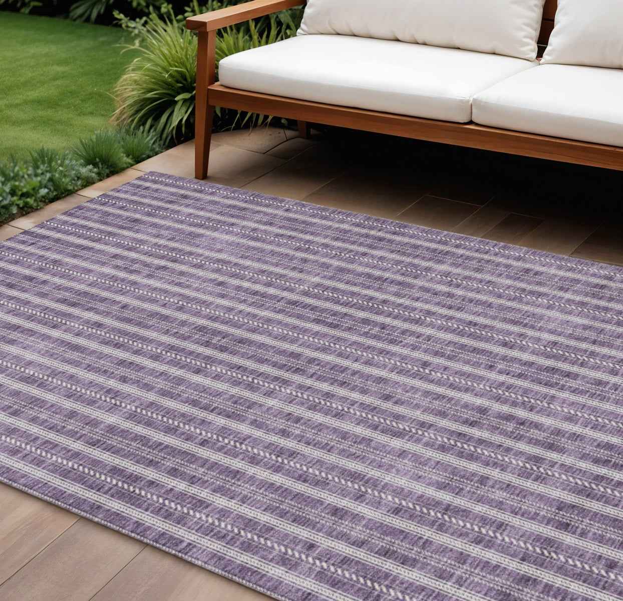 10' X 14' Purple And Ivory Striped Washable Indoor Outdoor Area Rug