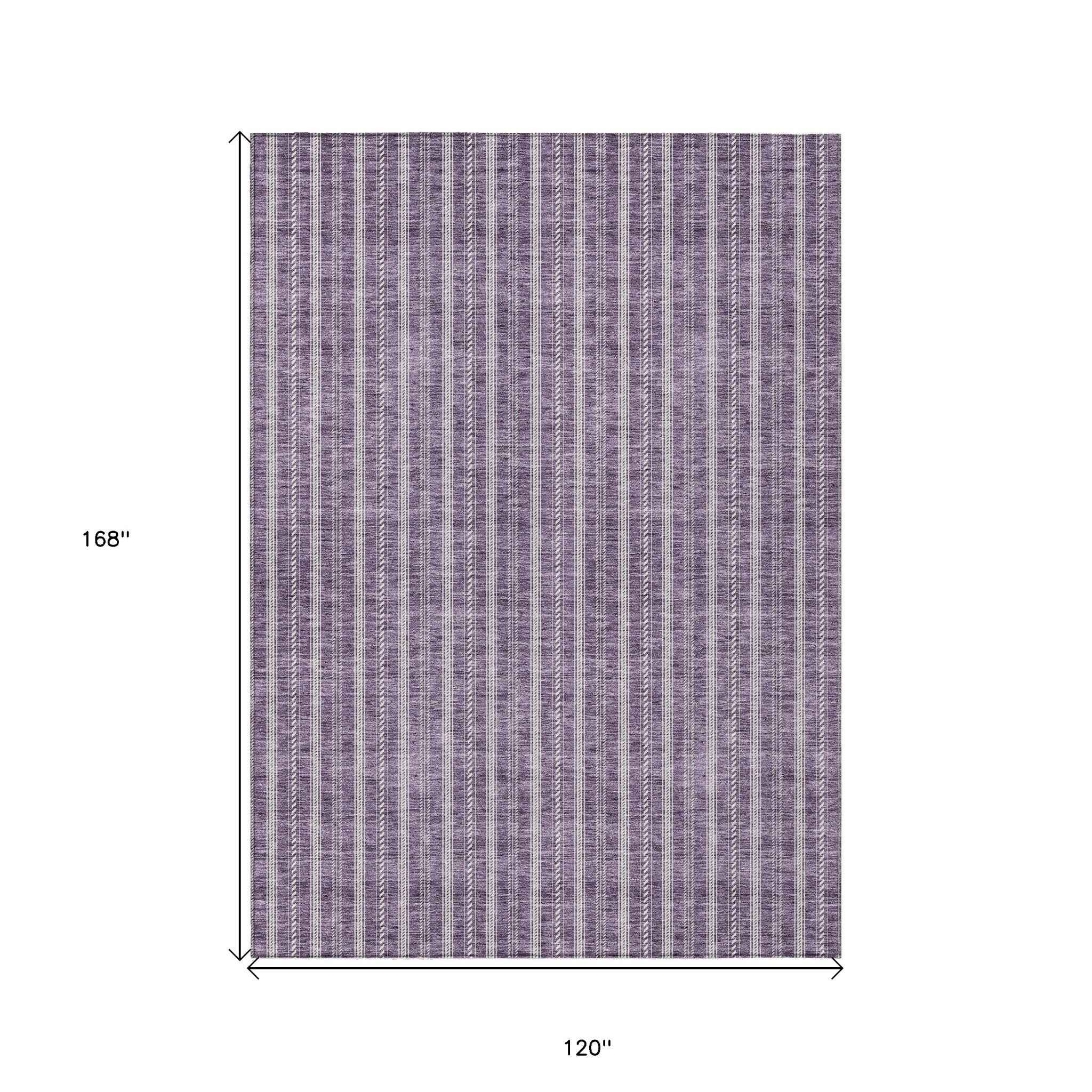10' X 14' Purple And Ivory Striped Washable Indoor Outdoor Area Rug