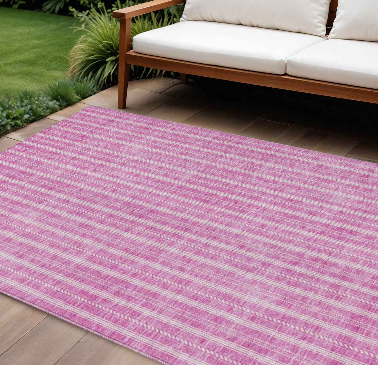 8' X 10' Blush And Ivory Striped Washable Indoor Outdoor Area Rug
