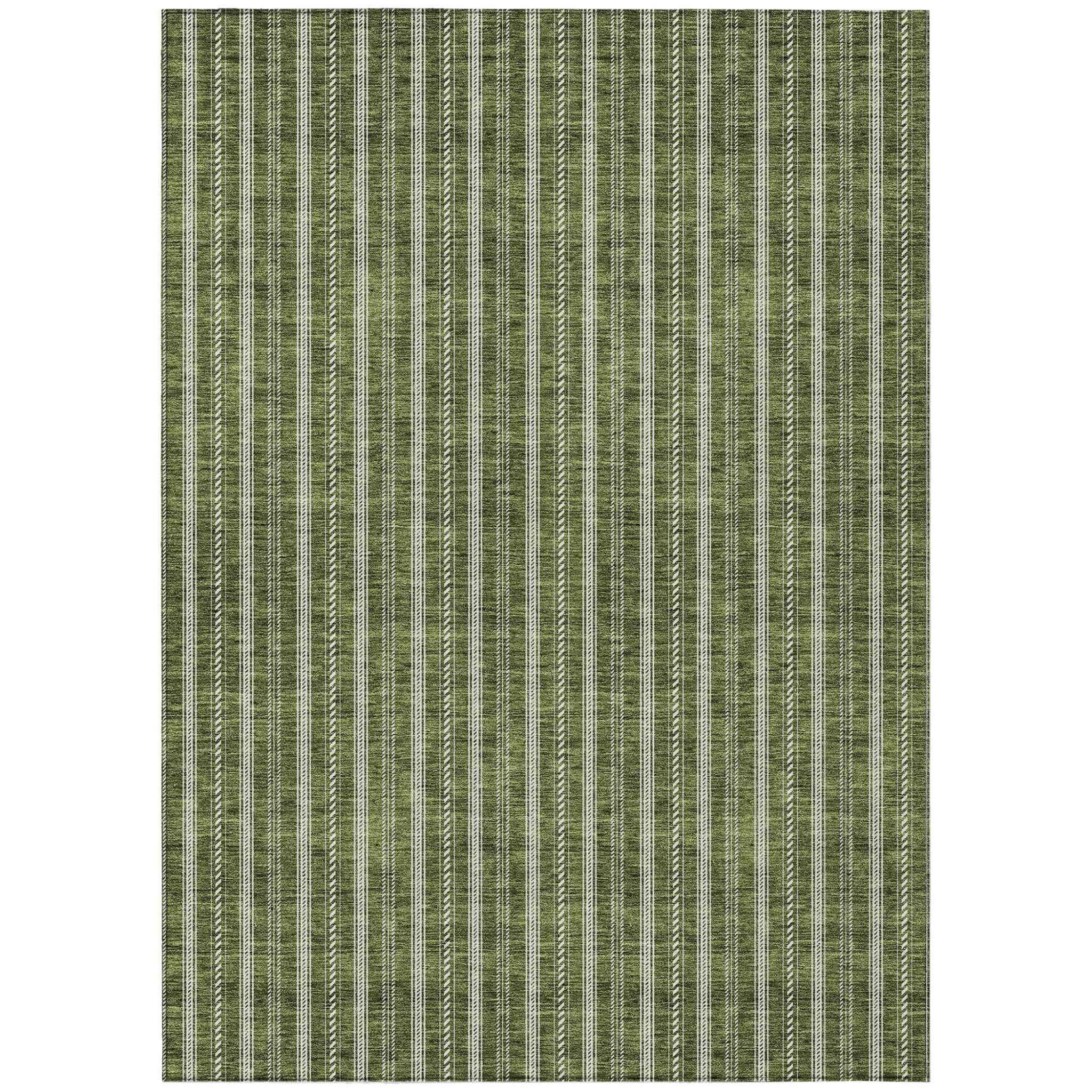 5' X 8' Olive Green And Ivory Striped Washable Indoor Outdoor Area Rug