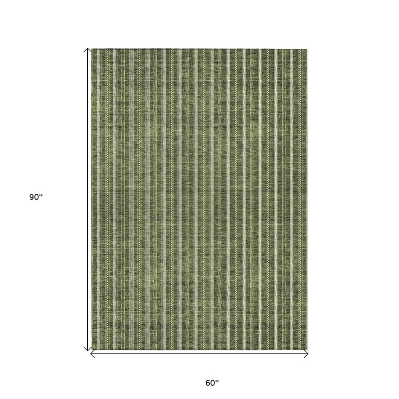 5' X 8' Olive Green And Ivory Striped Washable Indoor Outdoor Area Rug