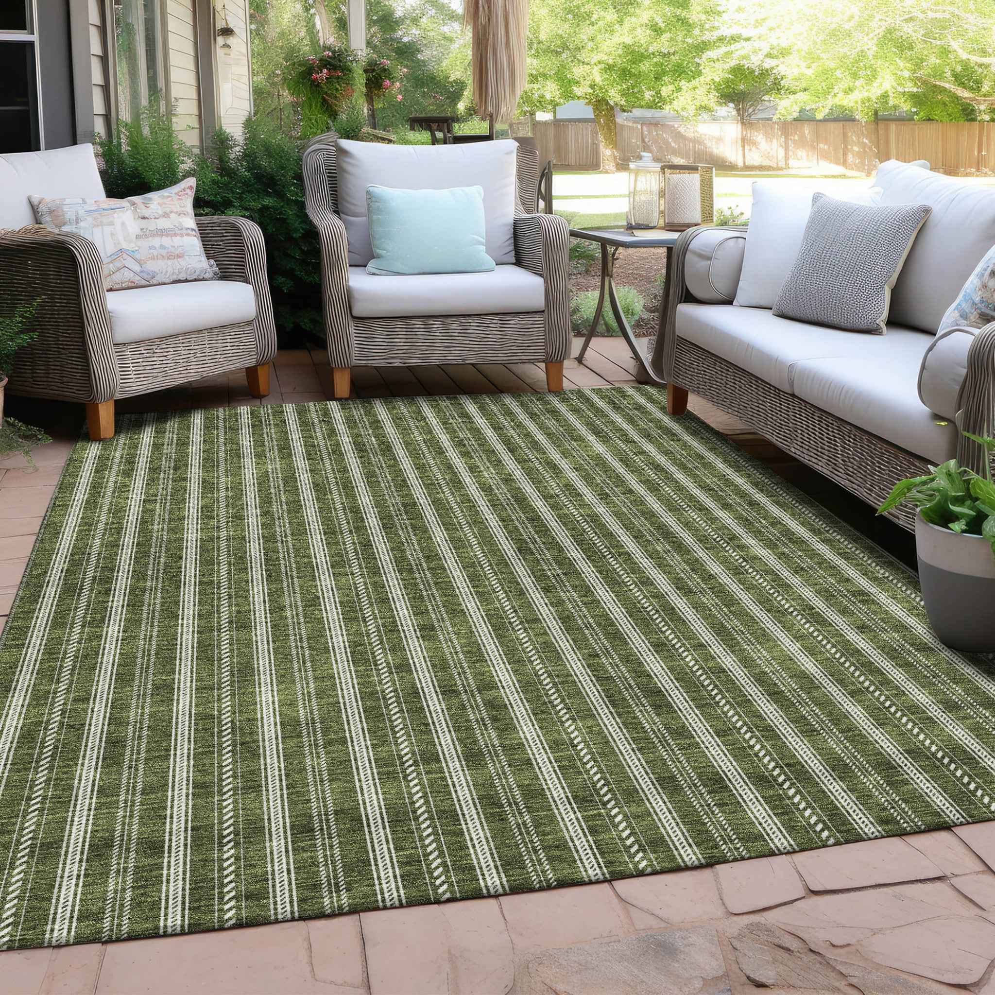5' X 8' Olive Green And Ivory Striped Washable Indoor Outdoor Area Rug