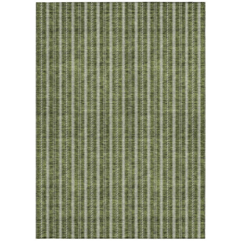 5' X 8' Olive Green And Ivory Striped Washable Indoor Outdoor Area Rug
