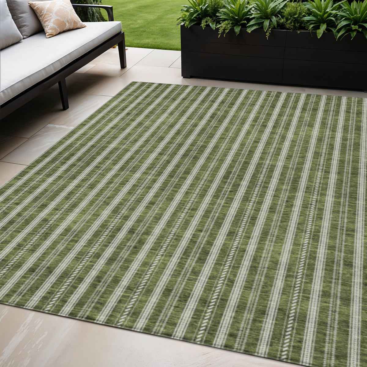 5' X 8' Olive Green And Ivory Striped Washable Indoor Outdoor Area Rug