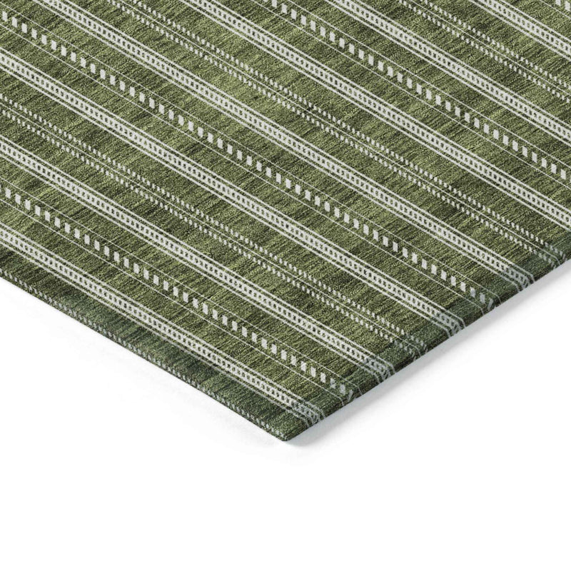 5' X 8' Olive Green And Ivory Striped Washable Indoor Outdoor Area Rug