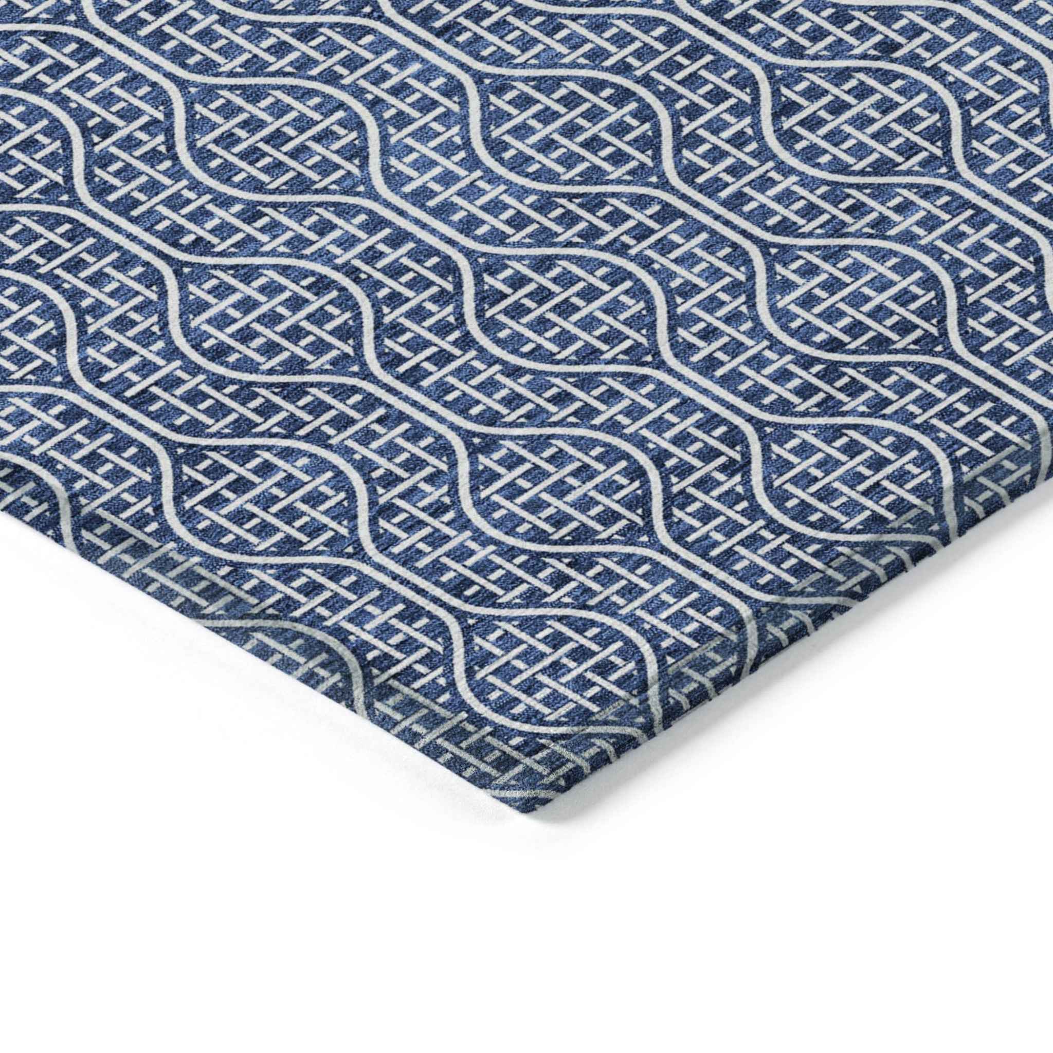 3' X 5' Navy Blue And Ivory Geometric Washable Indoor Outdoor Area Rug