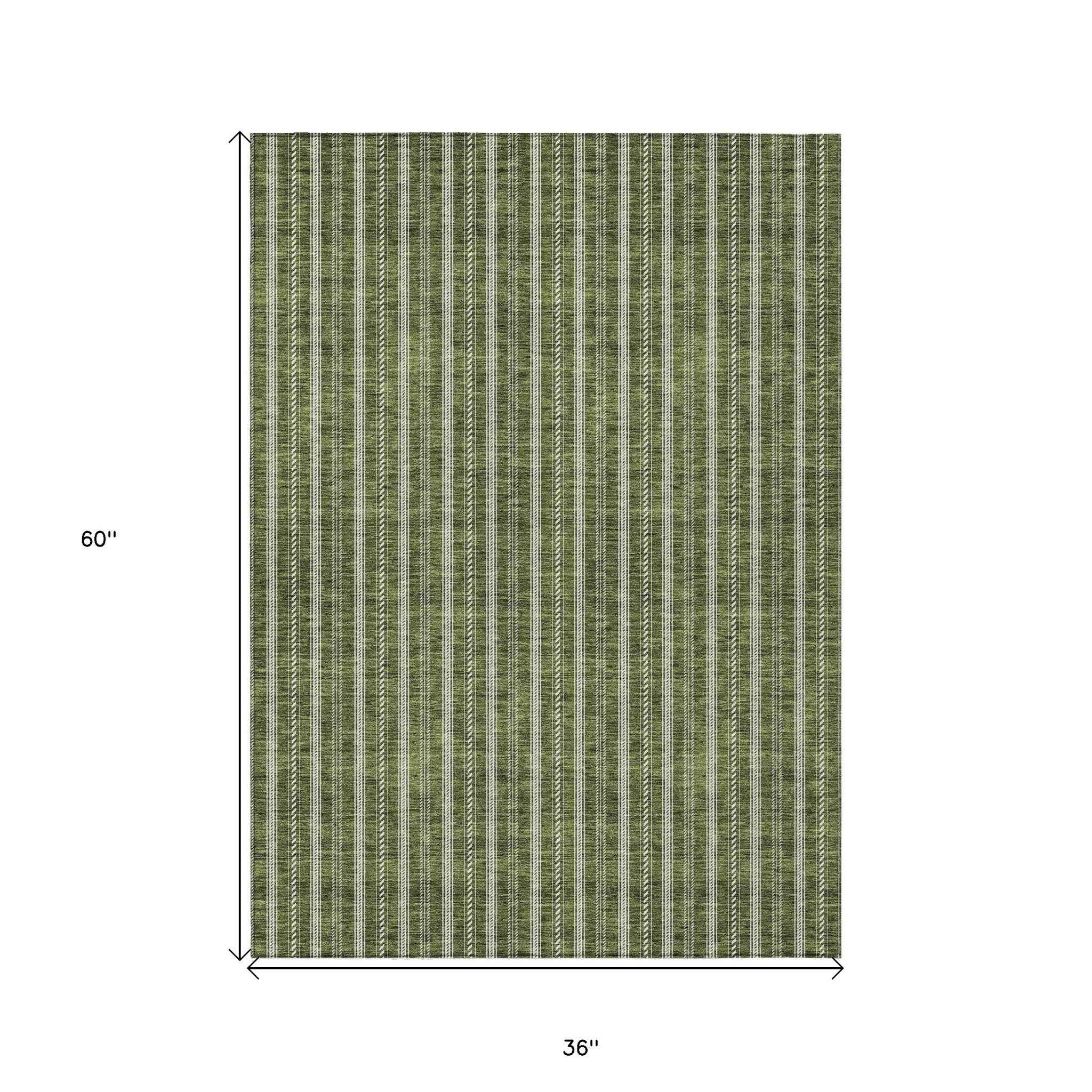 3' X 5' Olive Green And Ivory Striped Washable Indoor Outdoor Area Rug