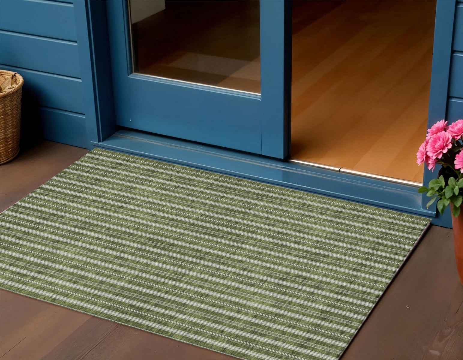 3' X 5' Olive Green And Ivory Striped Washable Indoor Outdoor Area Rug