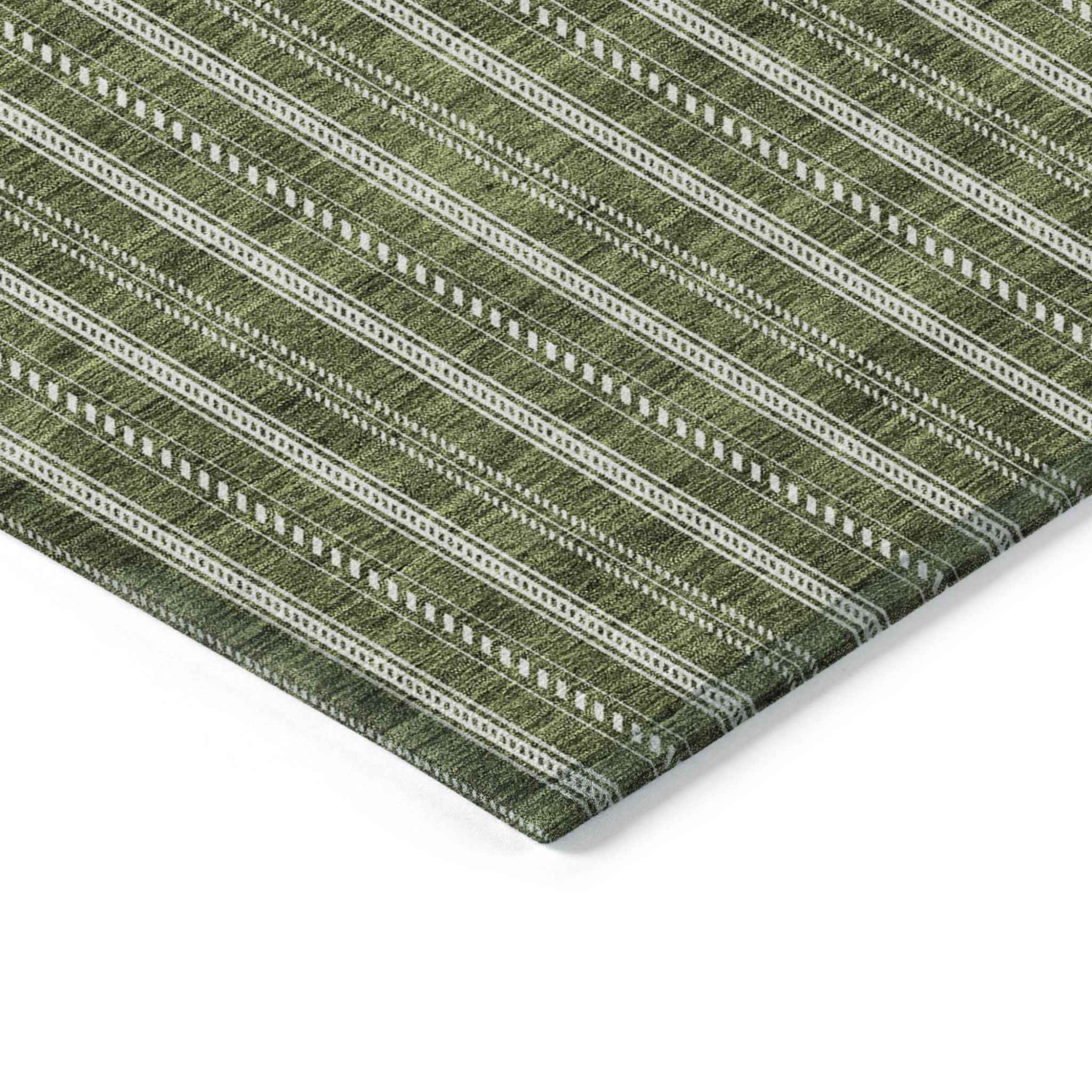 3' X 5' Olive Green And Ivory Striped Washable Indoor Outdoor Area Rug