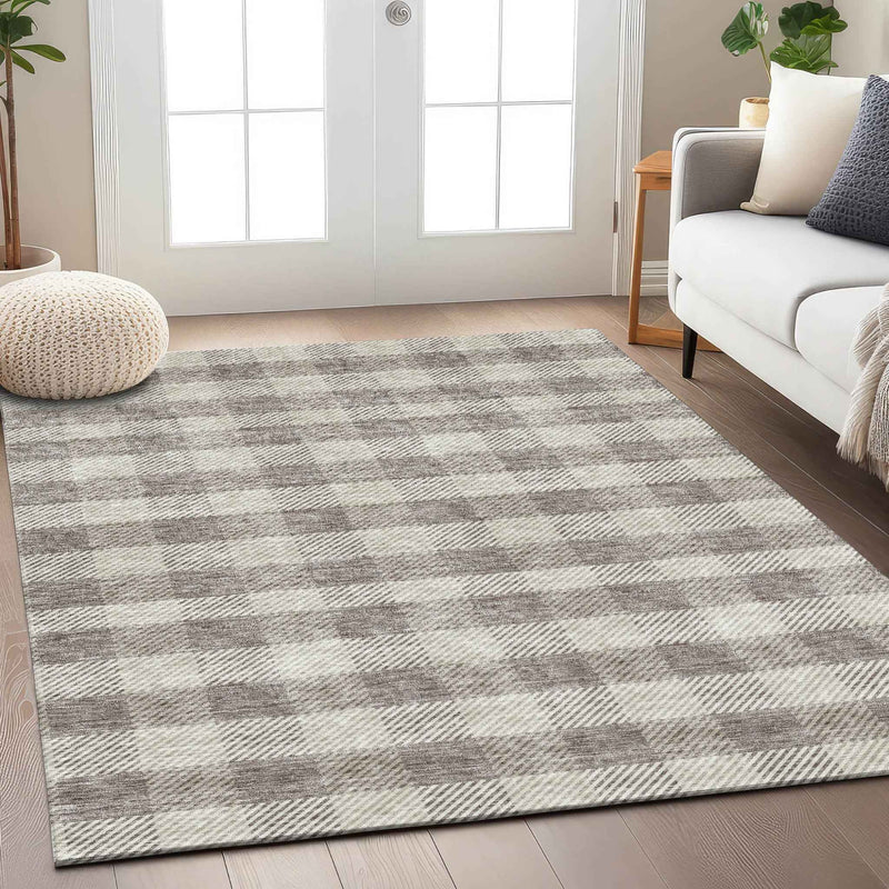 3' X 5' Taupe And Gray Plaid Washable Indoor Outdoor Area Rug