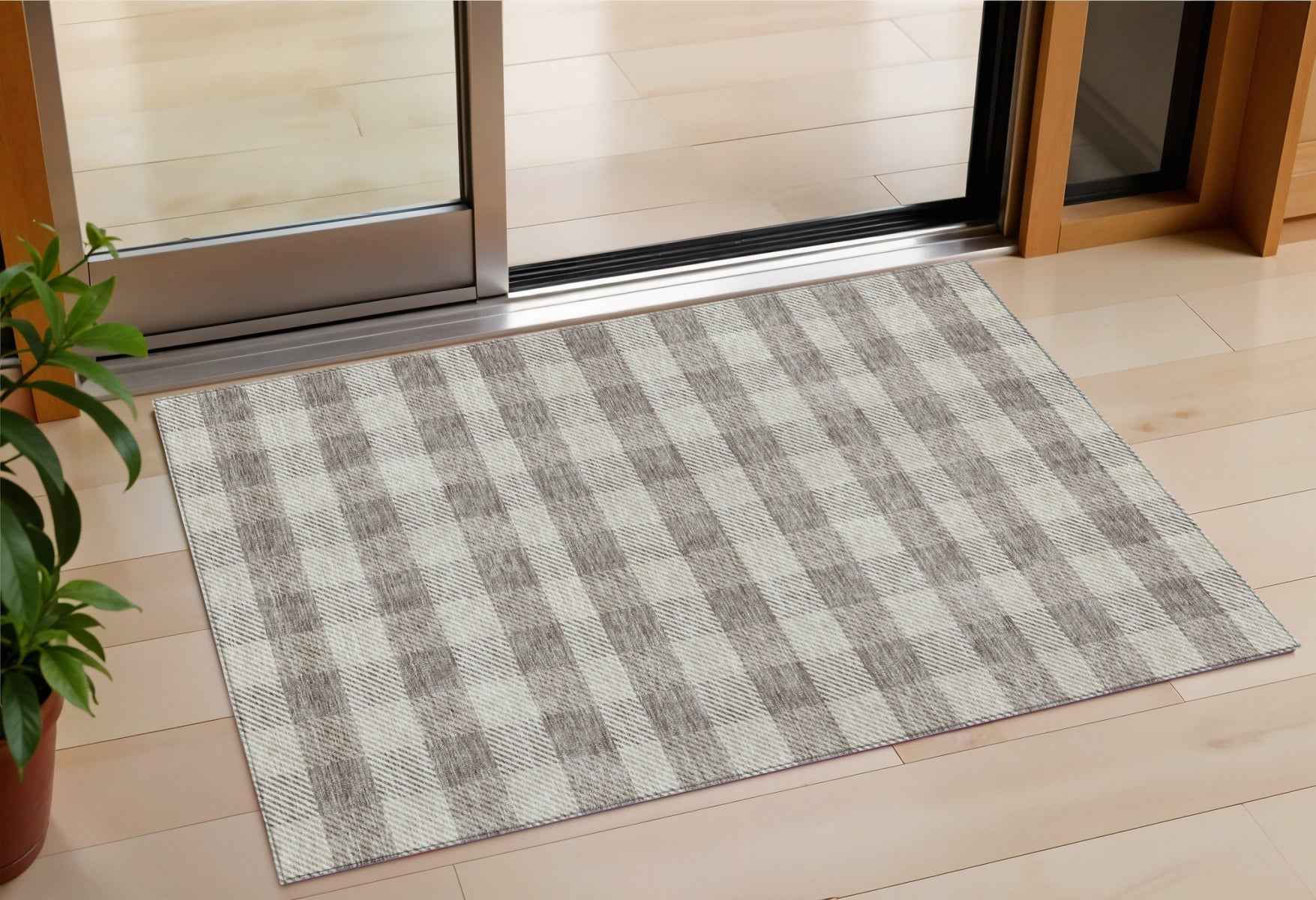 3' X 5' Taupe And Gray Plaid Washable Indoor Outdoor Area Rug