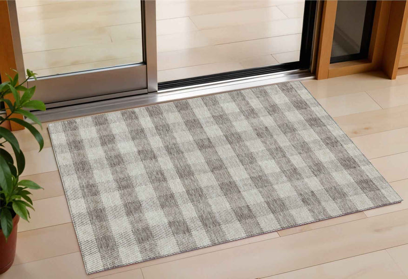 3' X 5' Taupe And Gray Plaid Washable Indoor Outdoor Area Rug
