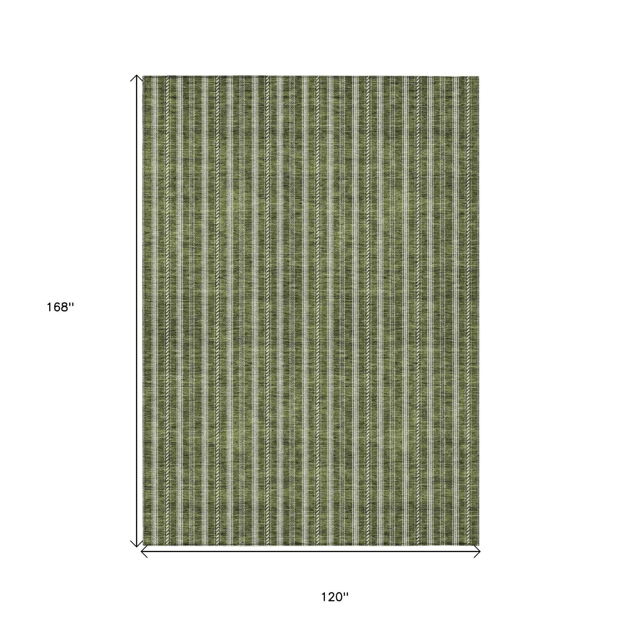 10' X 14' Olive Green And Ivory Striped Washable Indoor Outdoor Area Rug