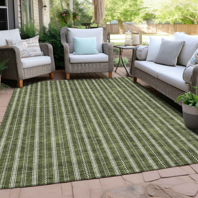 10' X 14' Olive Green And Ivory Striped Washable Indoor Outdoor Area Rug