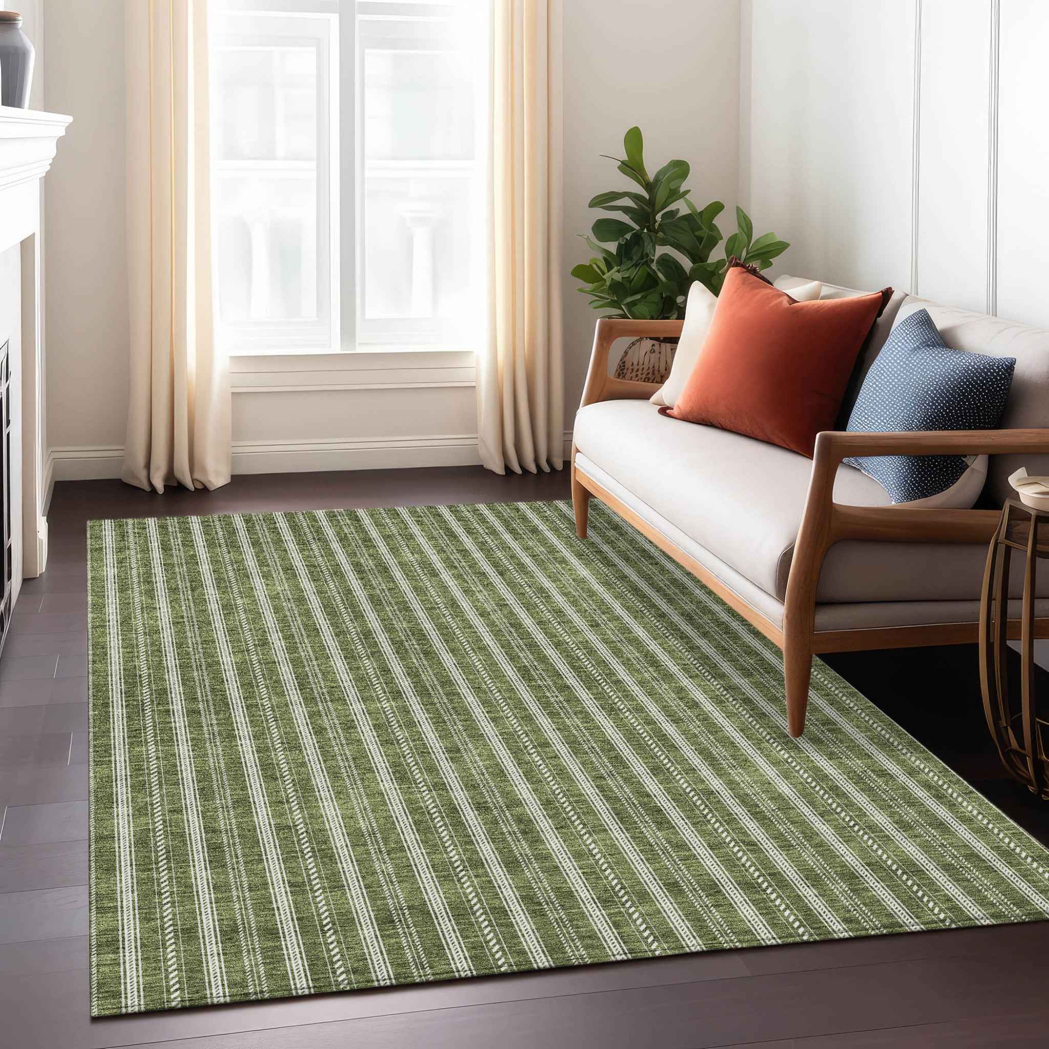 10' X 14' Olive Green And Ivory Striped Washable Indoor Outdoor Area Rug