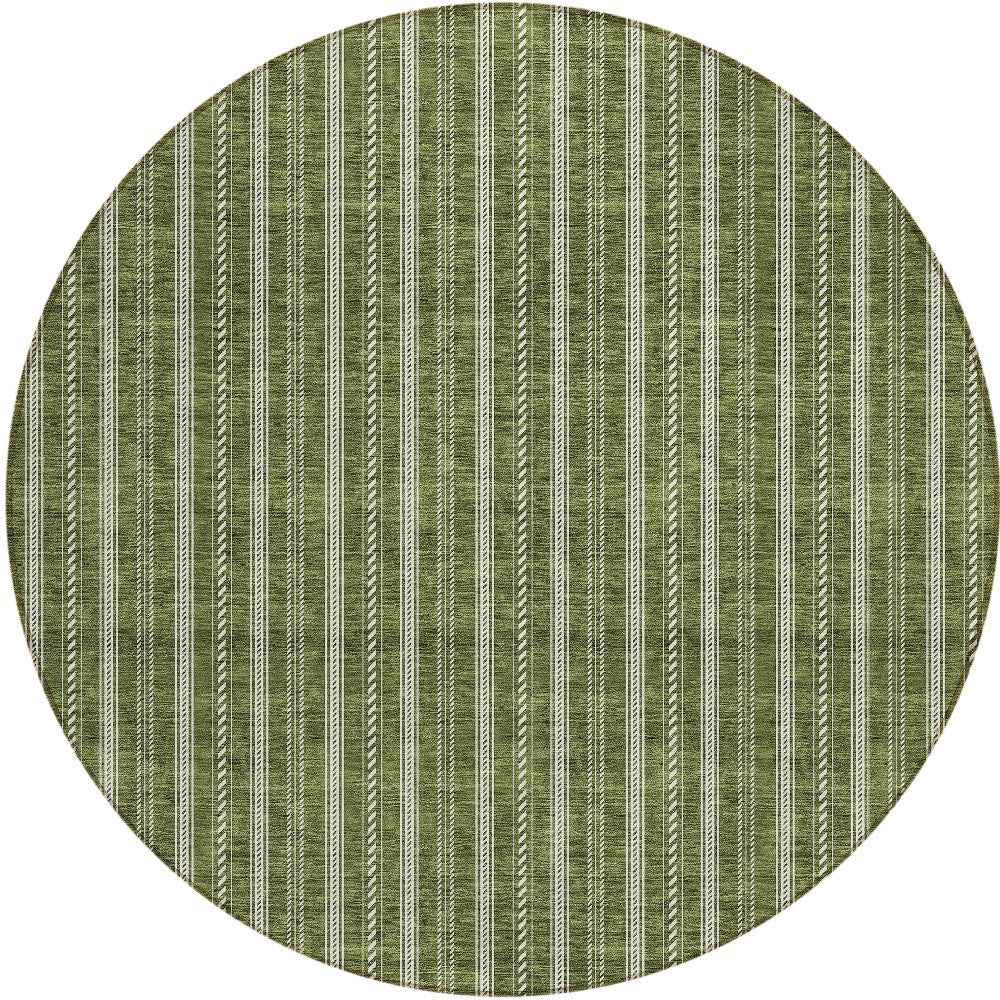 8' Olive Green And Ivory Round Striped Washable Indoor Outdoor Area Rug