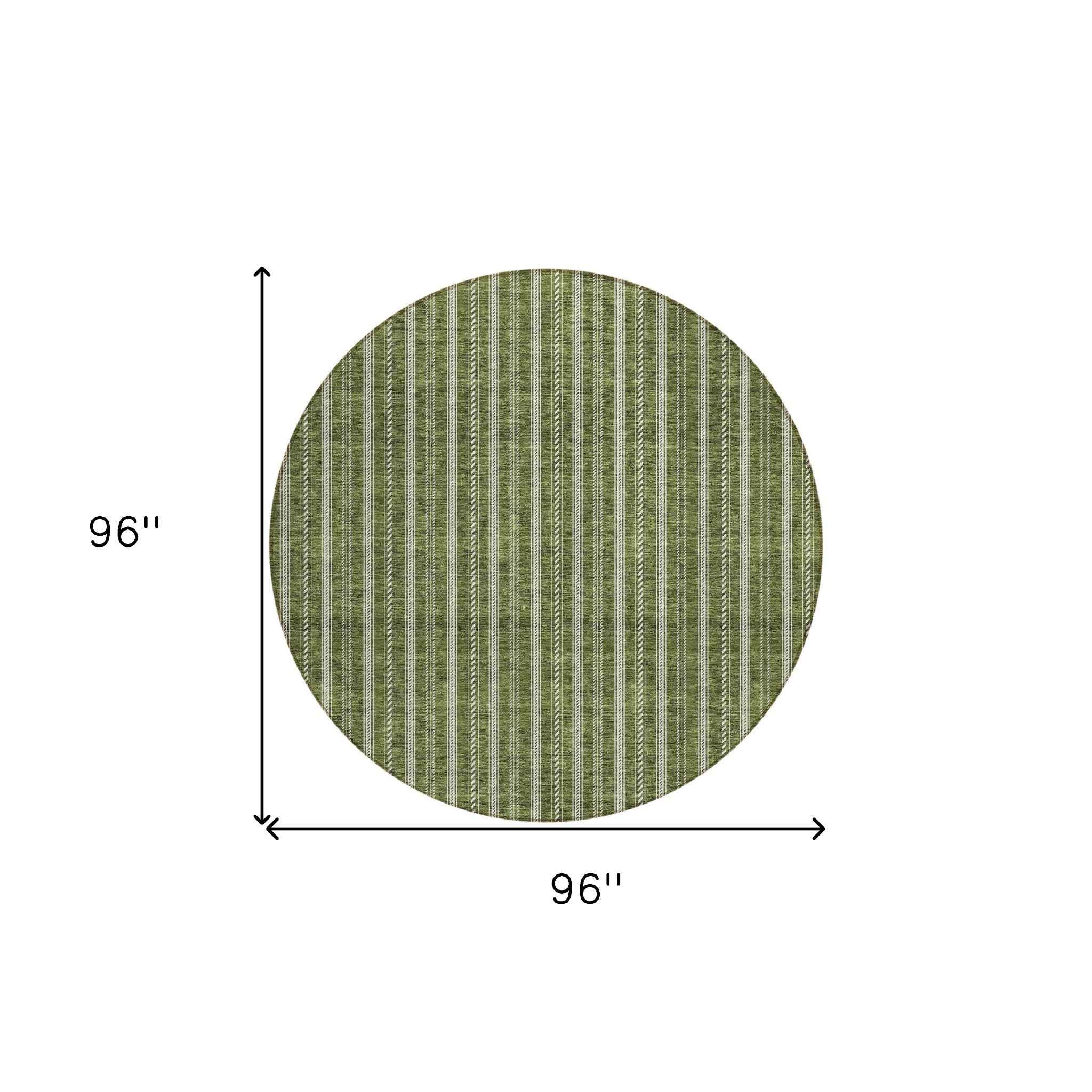 8' Olive Green And Ivory Round Striped Washable Indoor Outdoor Area Rug