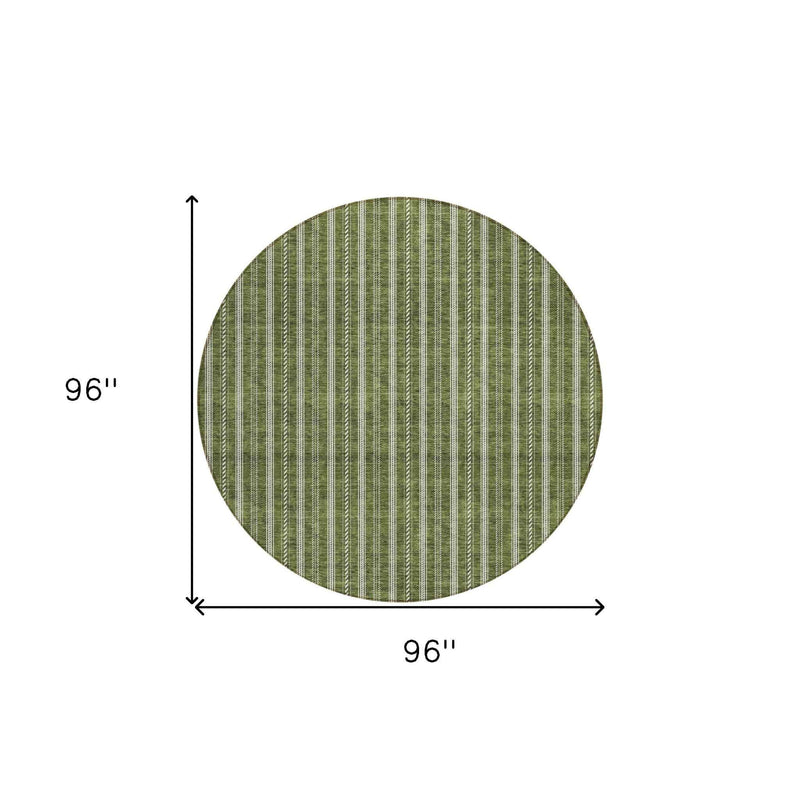 8' Olive Green And Ivory Round Striped Washable Indoor Outdoor Area Rug