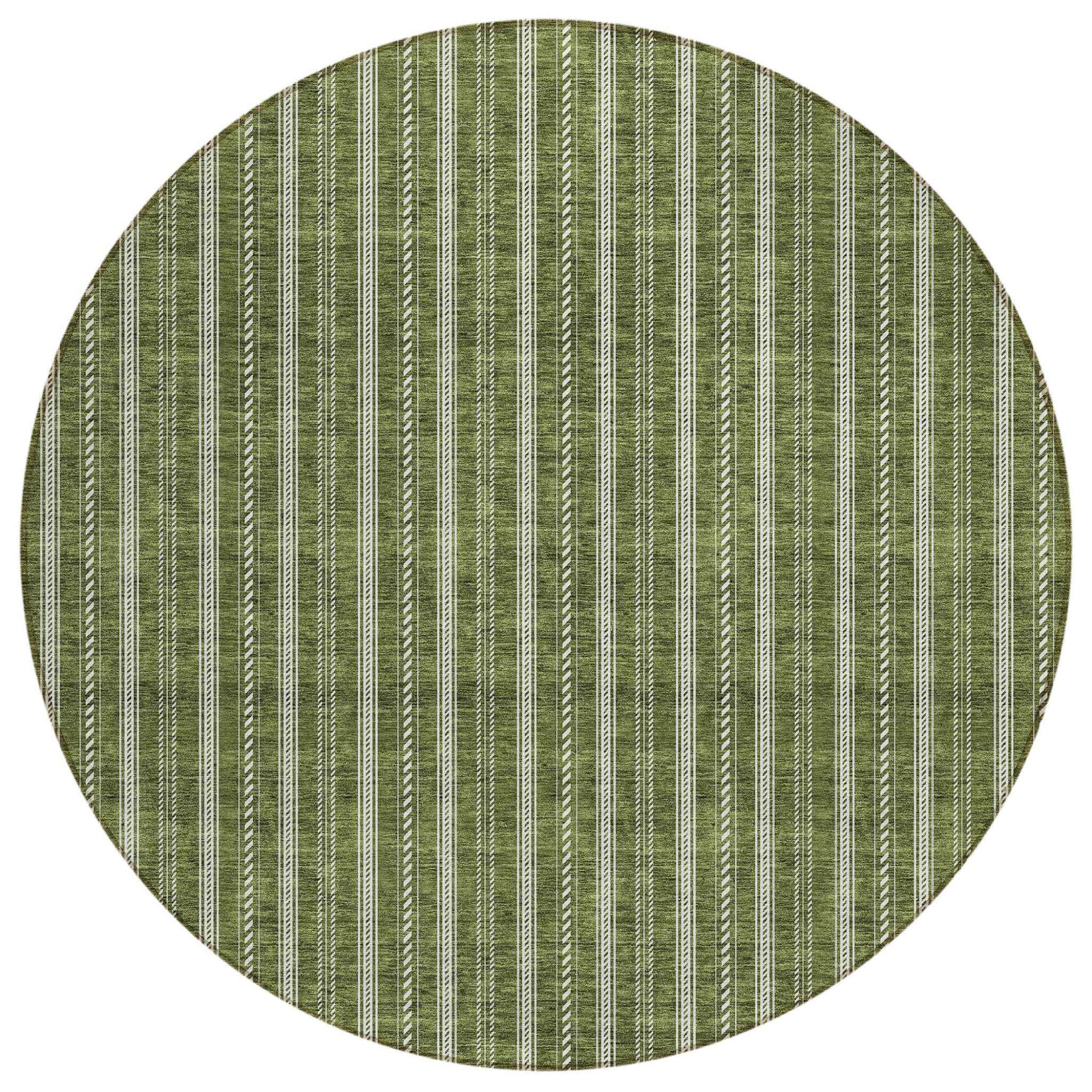 8' Olive Green And Ivory Round Striped Washable Indoor Outdoor Area Rug