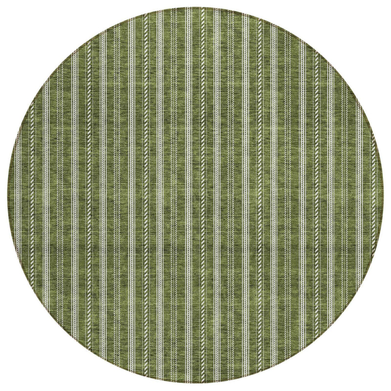8' Olive Green And Ivory Round Striped Washable Indoor Outdoor Area Rug