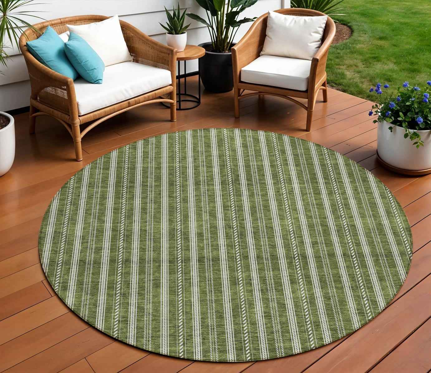 8' Olive Green And Ivory Round Striped Washable Indoor Outdoor Area Rug